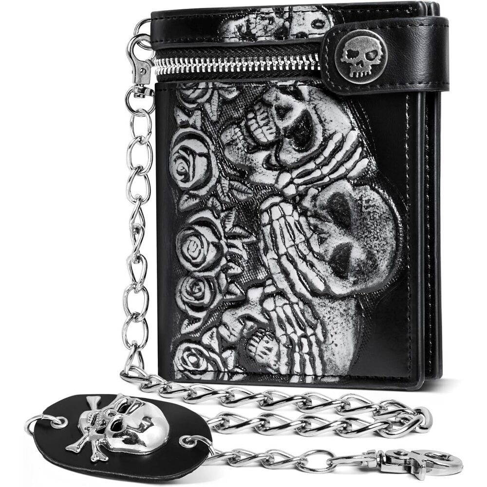 5184 Skull Gothic Chain Wallet Leather Punk Bifold Halloween Goth